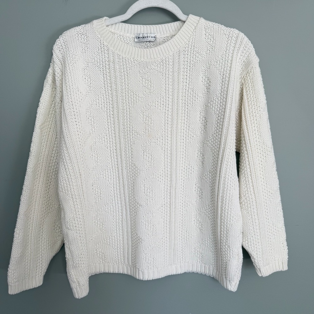 Vintage 80s Croquet Club Creamy White Cable Knit Long Sleeve Crew Neck Sweater - Picture 3 of 13